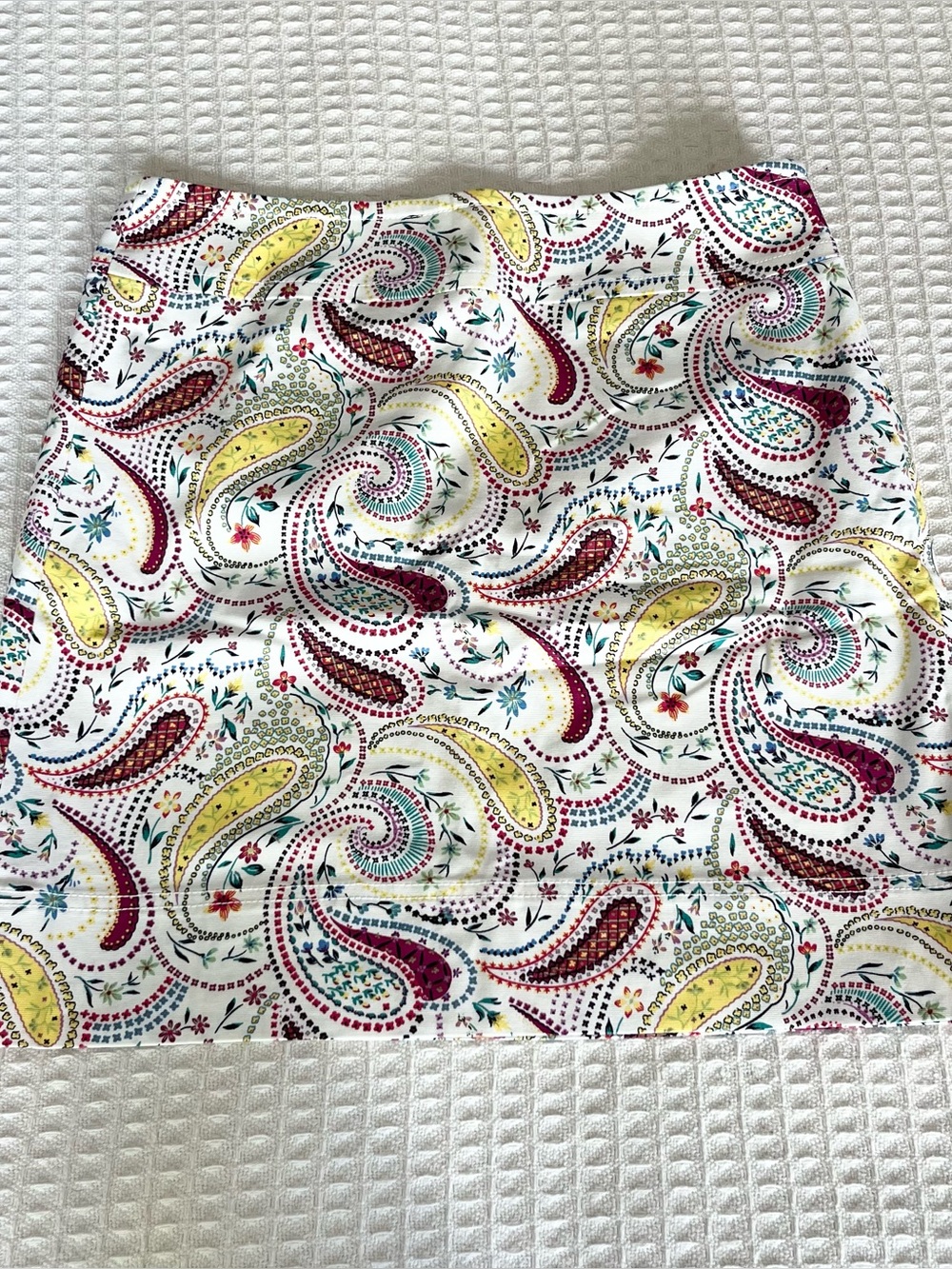 Talbots White Paisley Mini Skirt with Yellow, Burgundy & Teal Accents